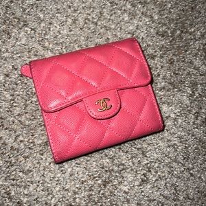 Authentic CHANEL Small Flap Pink Caviar Leather Card Holder Wallet Quilted Gold